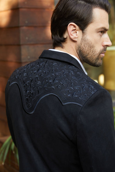 Men's Black Embroidered Faux-Suede Blazer