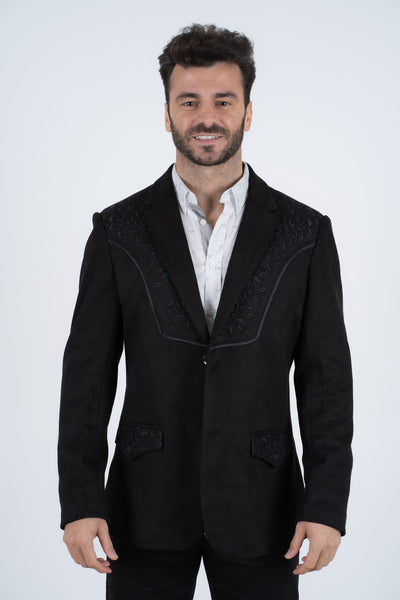 Men's Black Embroidered Faux-Suede Blazer