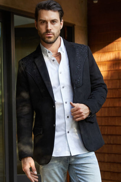 Men's Black Embroidered Faux-Suede Blazer