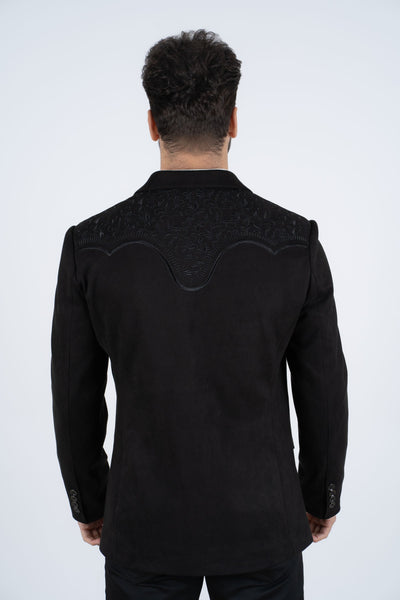 Men's Black Embroidered Faux-Suede Blazer