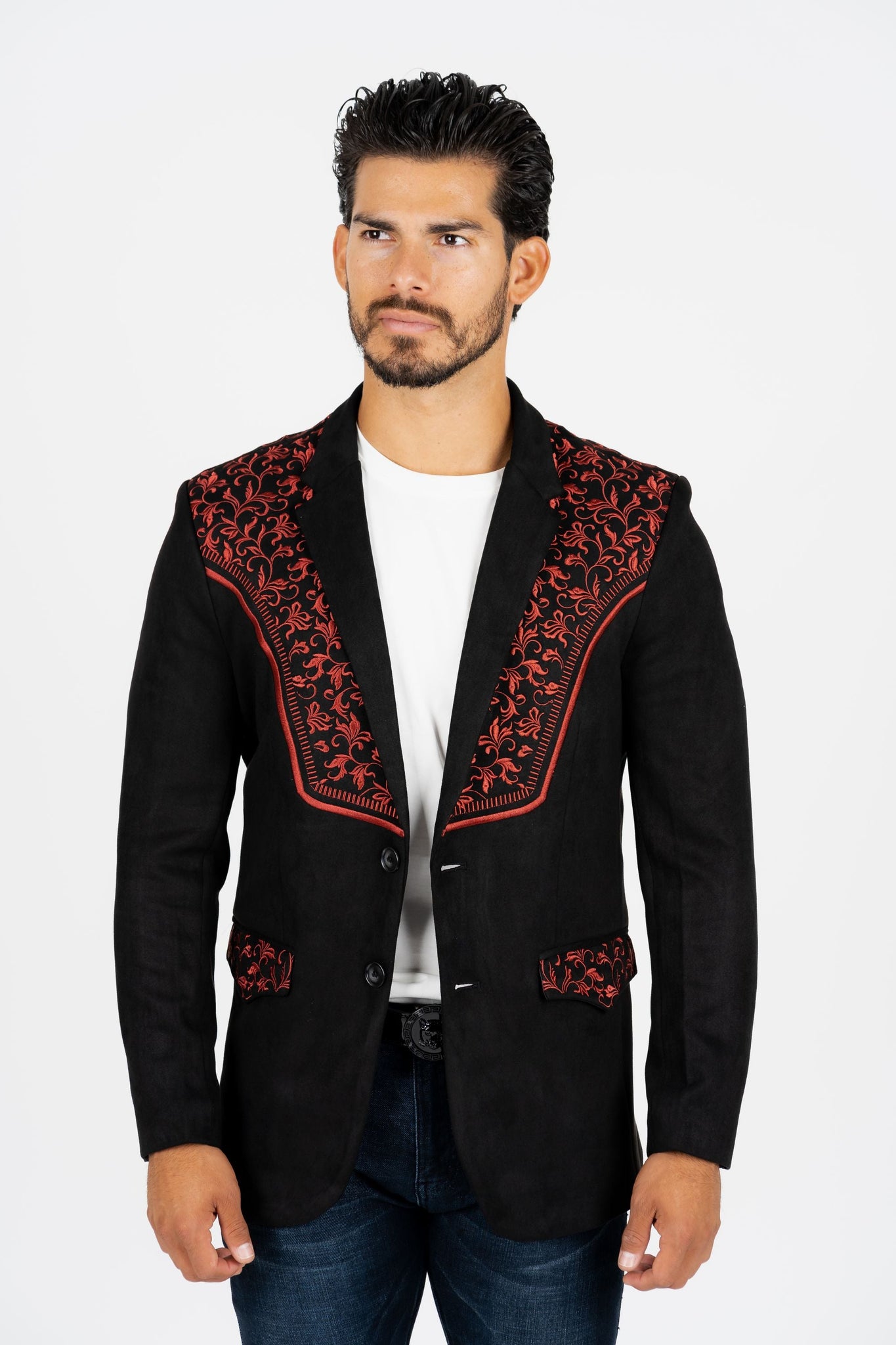 Men's Black/Burgundy Embroidered Faux-Suede Blazer