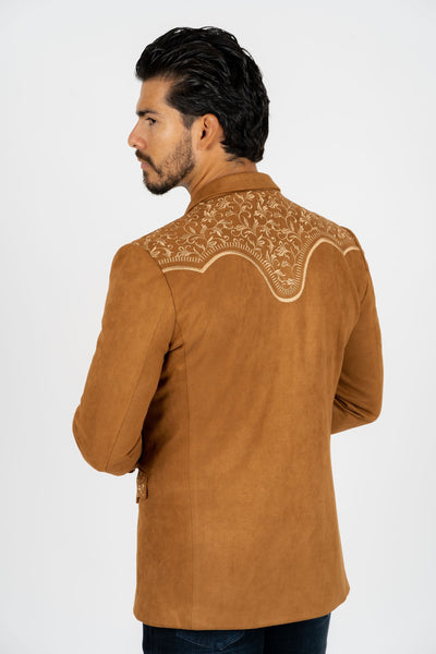 Men's Camel Embroidered Faux-Suede Blazer