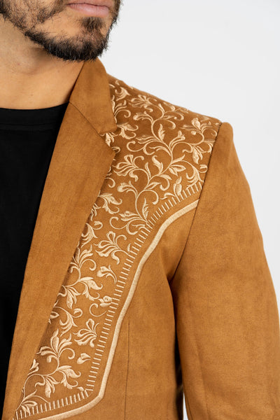 Men's Camel Embroidered Faux-Suede Blazer