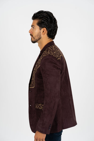 Men's Dark Brown Embroidered Faux-Suede Blazer