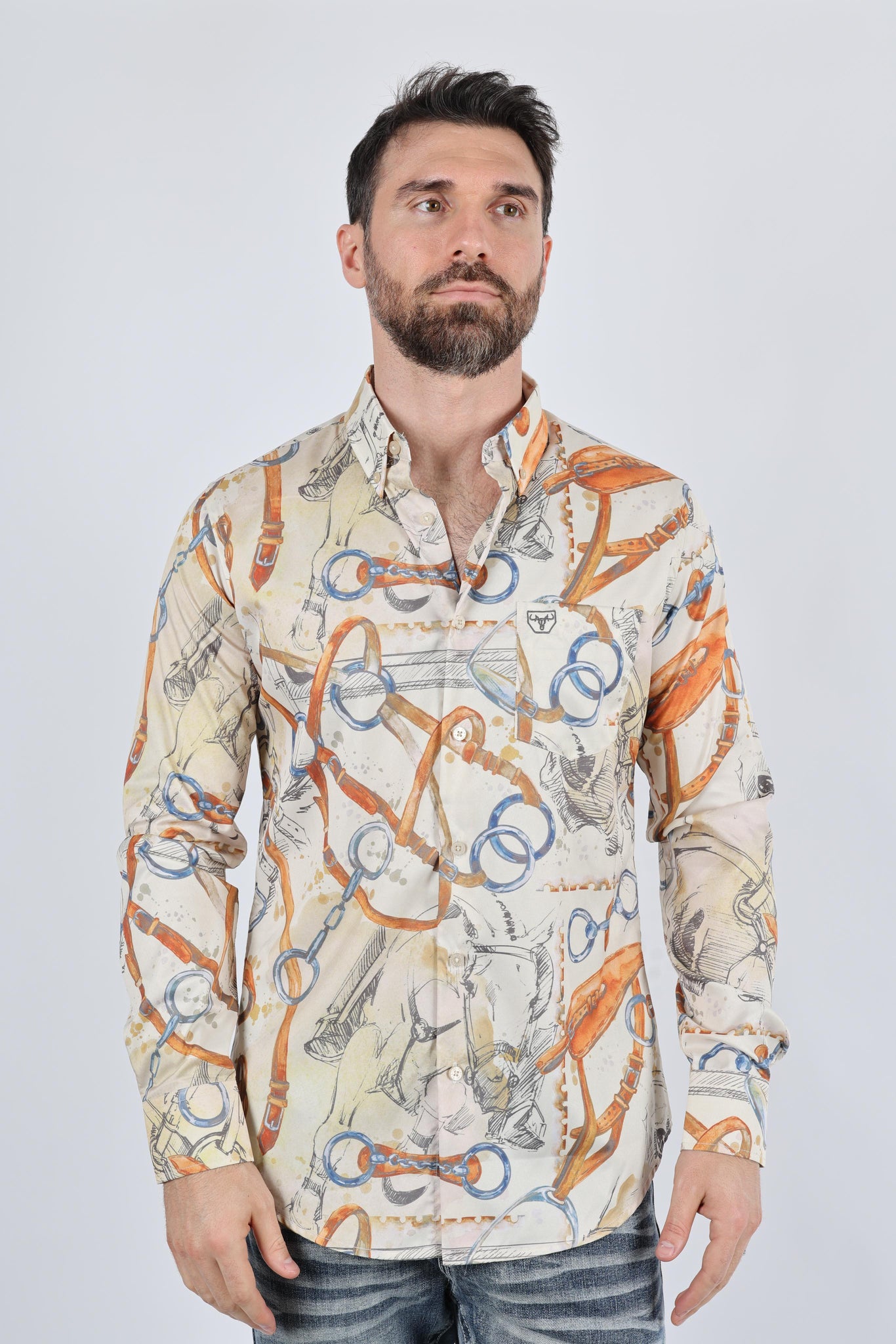 Mens Long Sleeve Modern Fit Stretch Wild Horses Print Shirt