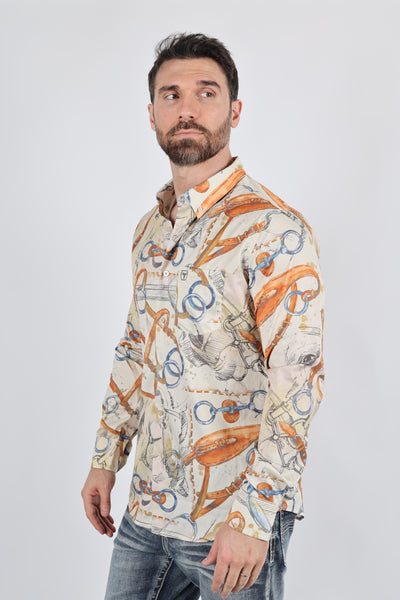 Mens Long Sleeve Modern Fit Stretch Wild Horses Print Shirt