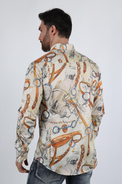 Mens Long Sleeve Modern Fit Stretch Wild Horses Print Shirt