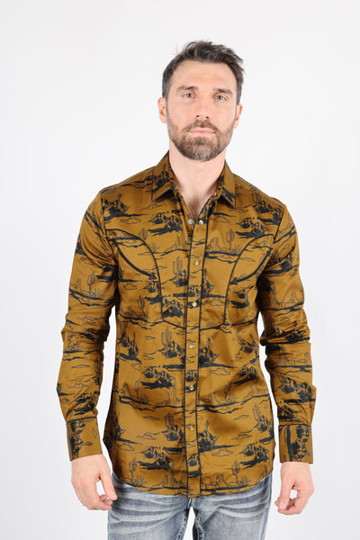 Mens Modern Fit Cotton Stretch Piping Cactus Monogram Print Shirt