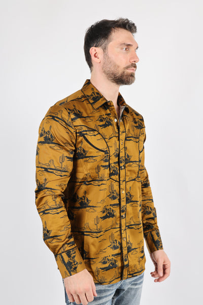 Mens Modern Fit Cotton Stretch Piping Cactus Monogram Print Shirt