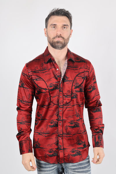 Mens Modern Fit Cotton Stretch Piping Cactus Monogram Print Shirt