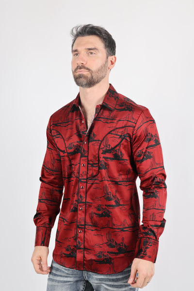 Mens Modern Fit Cotton Stretch Piping Cactus Monogram Print Shirt