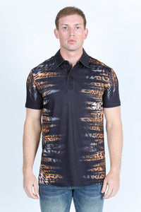 Mens Modern Fit Stretch Baroque Print Polo with Rhinestones