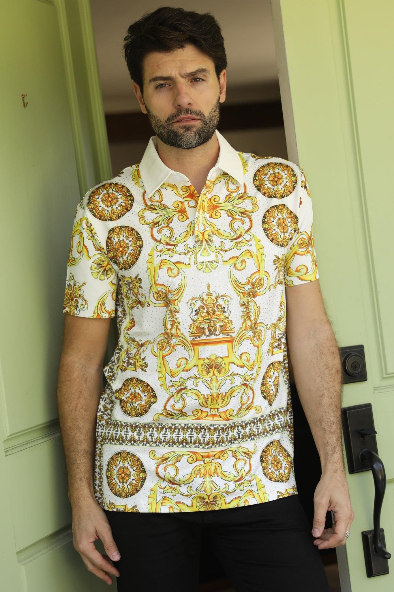 Mens Modern Fit Stretch Baroque Print Polo with Rhinestones