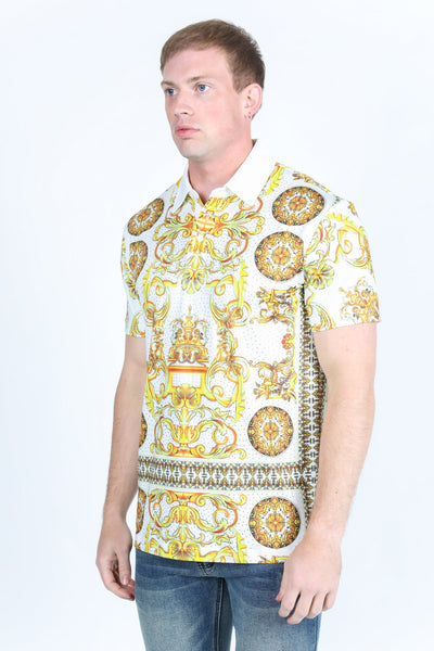 Mens Modern Fit Stretch Baroque Print Polo with Rhinestones