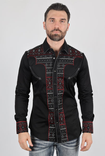 Mens Modern Fit Stretch Multi-Color Aztec Embroidery Shirt