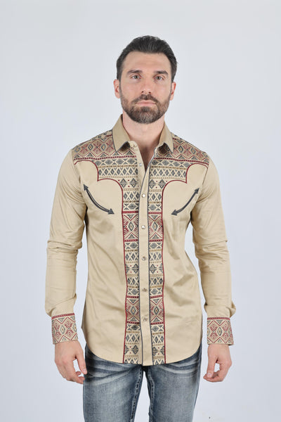 Mens Modern Fit Stretch Multi-Color Aztec Embroidery Shirt