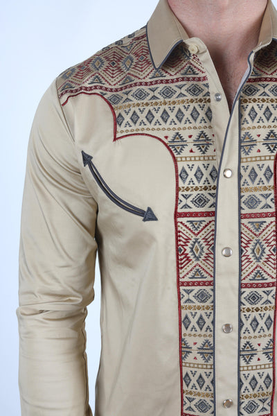 Mens Modern Fit Stretch Multi-Color Aztec Embroidery Shirt