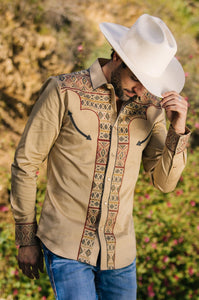 Mens Modern Fit Stretch Multi-Color Aztec Embroidery Shirt