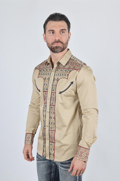 Mens Modern Fit Stretch Multi-Color Aztec Embroidery Shirt