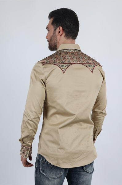 Mens Modern Fit Stretch Multi-Color Aztec Embroidery Shirt