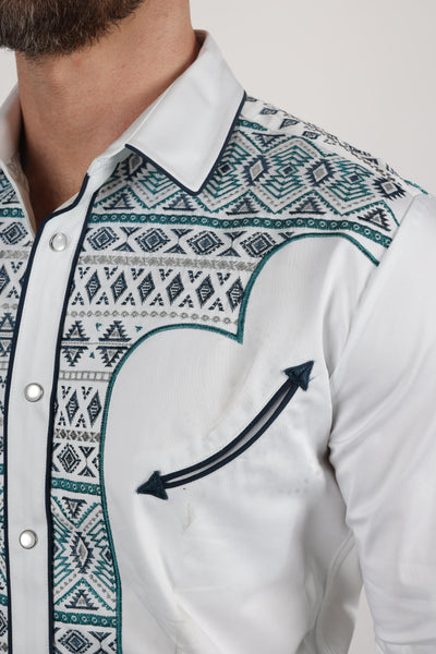 Mens Modern Fit Stretch Multi-Color Aztec Embroidery Shirt