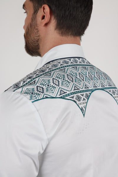 Mens Modern Fit Stretch Multi-Color Aztec Embroidery Shirt