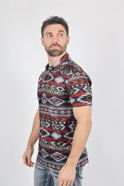 Mens Performance Fabric Modern Fit Stretch Aztec Print Polo