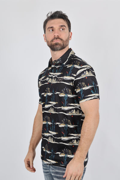 Mens Performance Fabric Modern Fit Stretch Cactus Print Polo