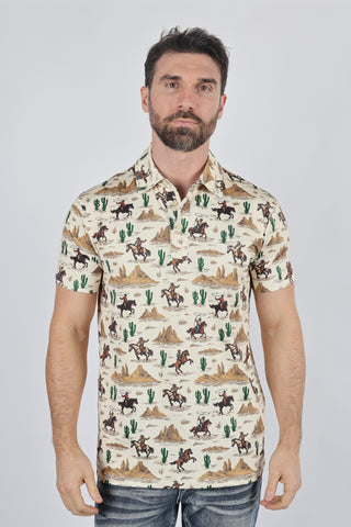 Mens Performance Fabric Modern Fit Stretch Cactus Print Polo