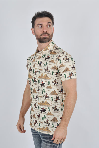 Mens Performance Fabric Modern Fit Stretch Cactus Print Polo