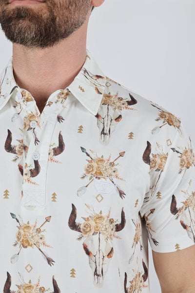 Mens Performance Fabric Modern Fit Stretch Cow Skull Print Polo