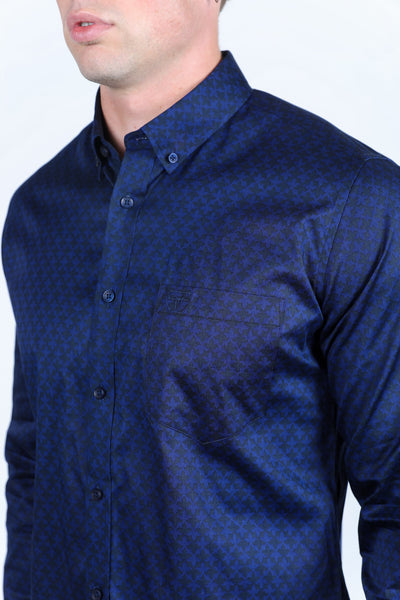 Mens Satin Cotton/Spandex Modern Fit Long Sleeve Shirt - Navy