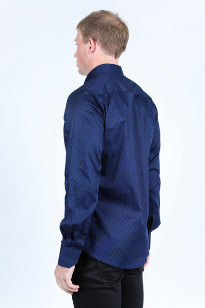 Mens Satin Cotton/Spandex Modern Fit Long Sleeve Shirt - Navy