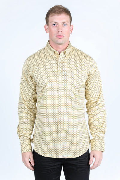 Mens Satin Cotton/Spandex Modern Fit Long Sleeve Shirt - Beige