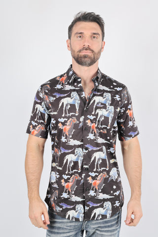 Mens Short Sleeve Modern Fit Stretch Wild Horses Print Shirt