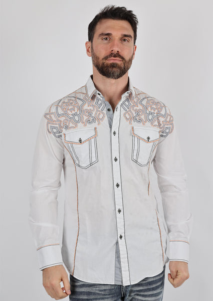 Mens Vintage Washed 2-tone Embroidery Modern Fit Stretch Shirt