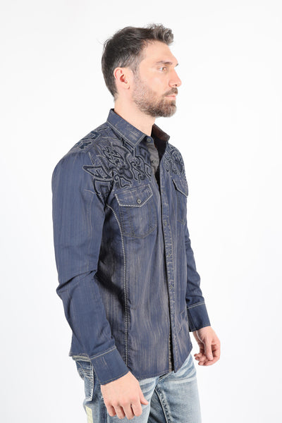 Mens Vintage Washed 2-tone Embroidery Modern Fit Stretch Shirt