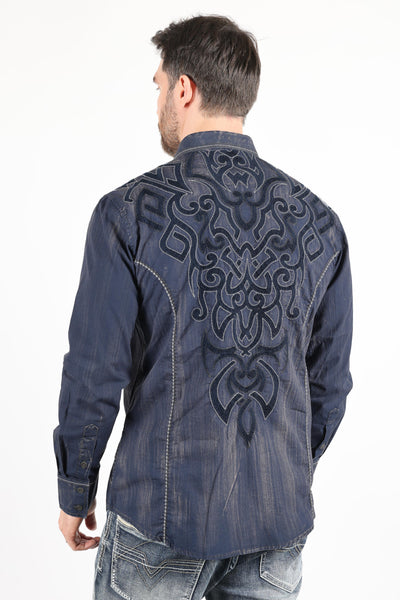 Mens Vintage Washed 2-tone Embroidery Modern Fit Stretch Shirt