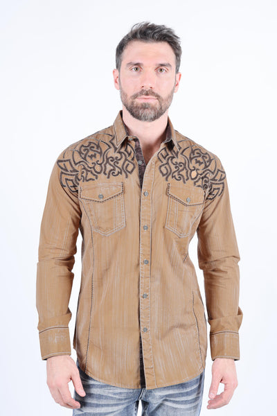 Mens Vintage Washed 2-tone Embroidery Modern Fit Stretch Shirt