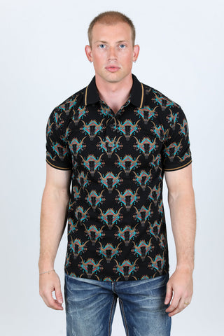 Modern Fit Aztec Print Premium Cotton Polo - Black