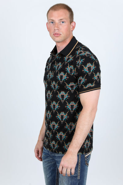 Modern Fit Aztec Print Premium Cotton Polo - Black