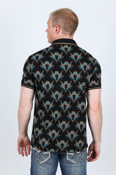 Modern Fit Aztec Print Premium Cotton Polo - Black