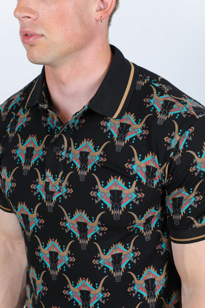 Modern Fit Aztec Print Premium Cotton Polo - Black