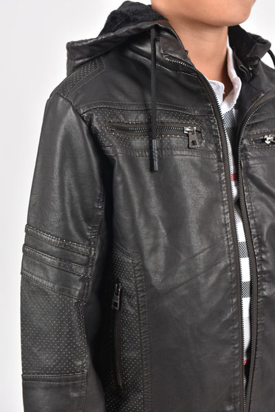 Kid's Black Hooded Washed Biker Jacket with Fur Lining