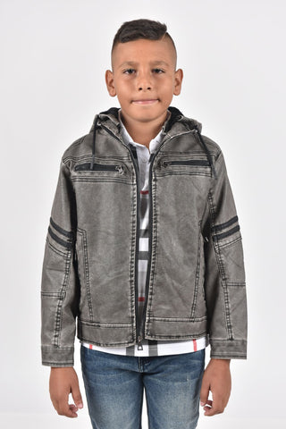 Kid's Gray Hooded Washed Biker Jacket with Fur Lining