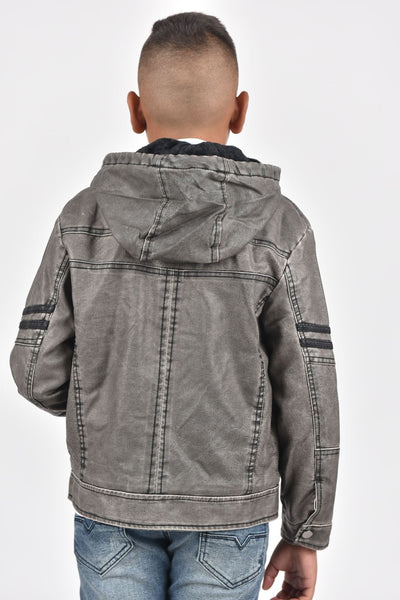 Kid's Gray Hooded Washed Biker Jacket with Fur Lining