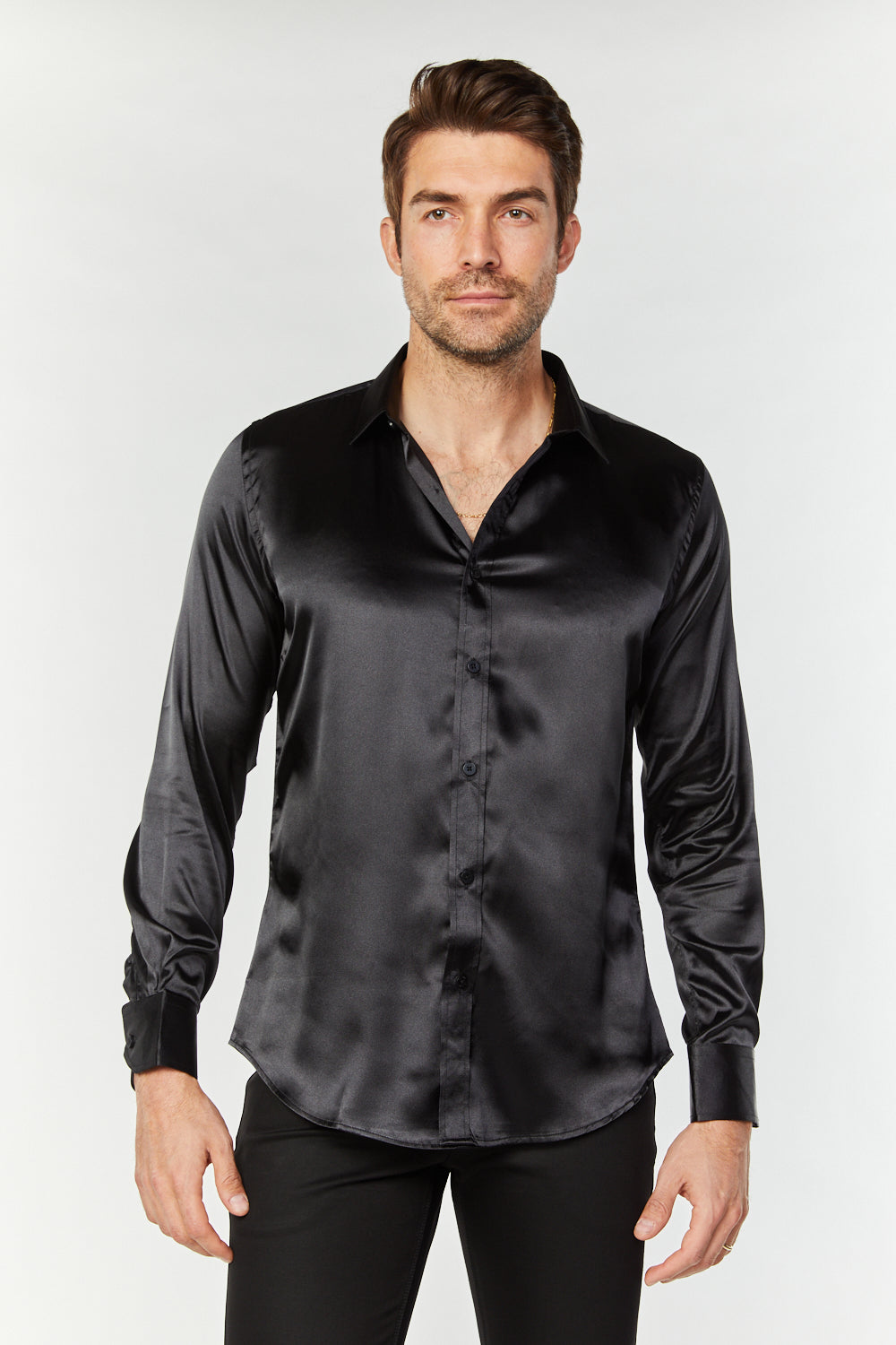 Men's Satin Black Dress Shirt