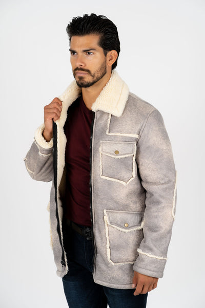 Men's Light Gray Suede Jacket w/ Faux Shearling-lined