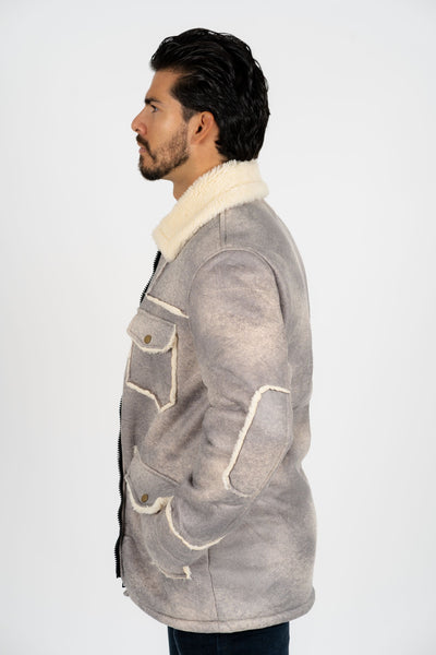 Men's Light Gray Suede Jacket w/ Faux Shearling-lined