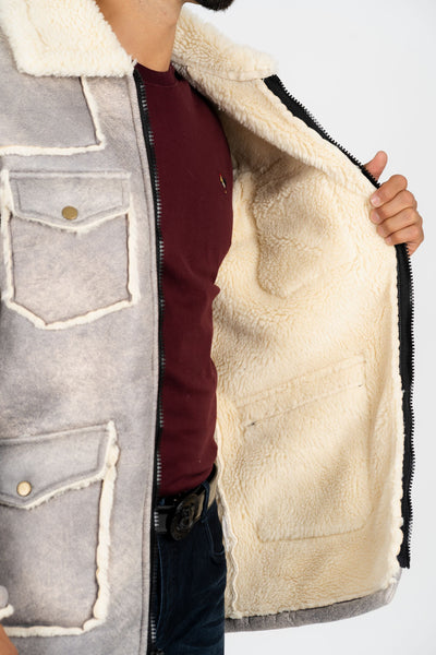 Men's Light Gray Suede Jacket w/ Faux Shearling-lined